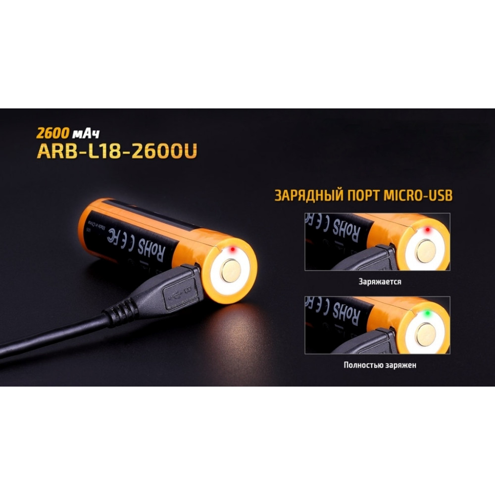 Акумулятор 18650 Fenix (2600 mAh) micro usb зарядка