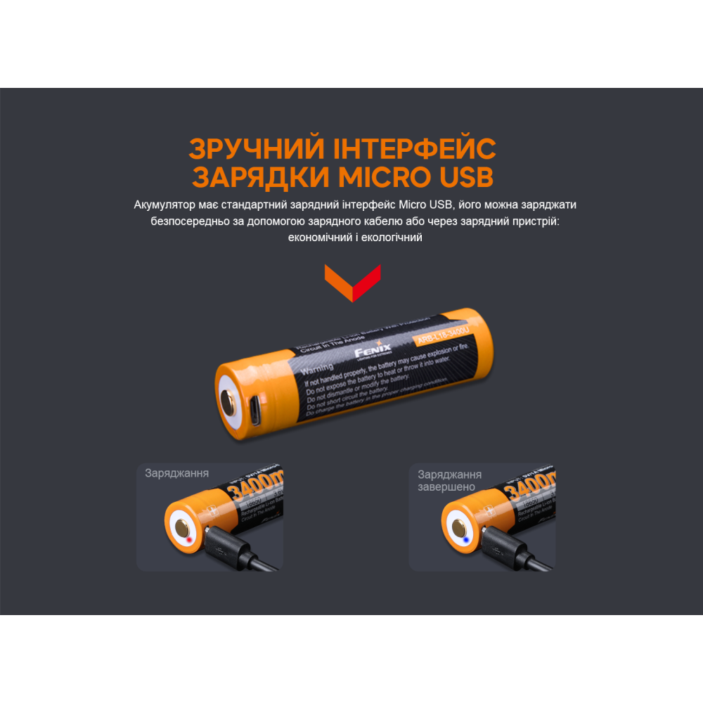 Акумулятор 18650 Fenix (3400 mAh) micro usb зарядка (ARB-L18-3400U)