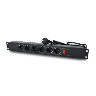Мережевий фiльтр SteelNet SN 1U на 6 розеток з вимикачем, PDU 220В, 10А, 1,5м, Schuko, чорний