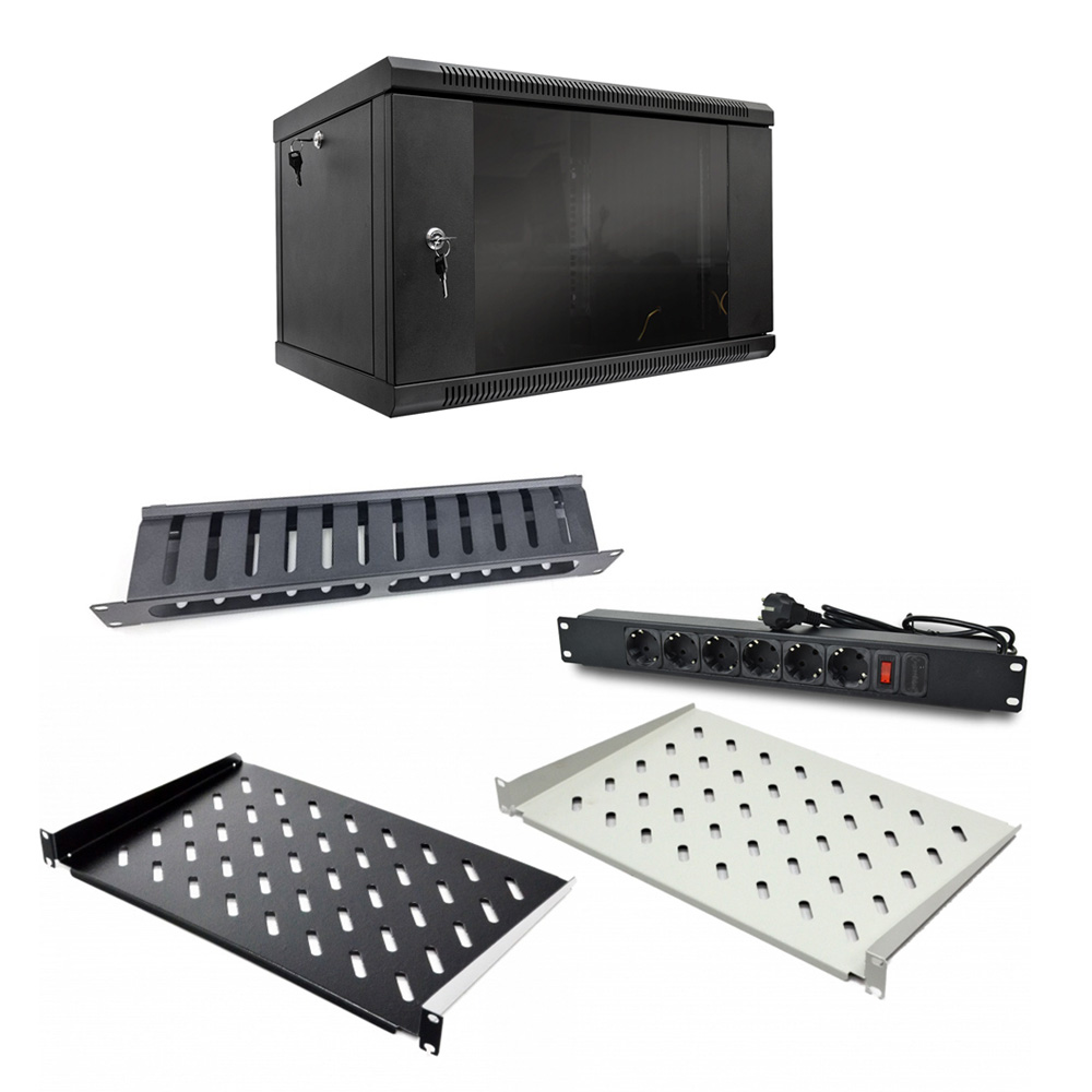 Комплект: Шкаф серверный SteelNet 7U 600 x 400 черный + Блок розеток 1U 19" на 6 розеток с выключателем + Организатор кабеля перфорированный с крышкой 19" + Полка консольная CMS UA-SHC300G + Полка консольная CMS UA-SHC30