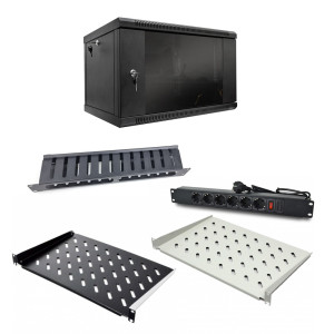Комплект: Шафа серверна SteelNet 7U 600 x 400 чорний + Блок розеток 1U 19" на 6 розеток з вимикачем + Організатор кабелю перфорований із кришкою 19" + Полиця консольна CMS UA-SHC300G + Полиця консольна CMS UA-SHC300B