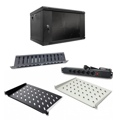 Комплект: Шкаф серверный SteelNet 7U 600 x 400 черный + Блок розеток 1U 19" на 6 розеток с выключателем + Организатор кабеля перфорированный с крышкой 19" + Полка консольная CMS UA-SHC300G + Полка консольная CMS UA-SHC30