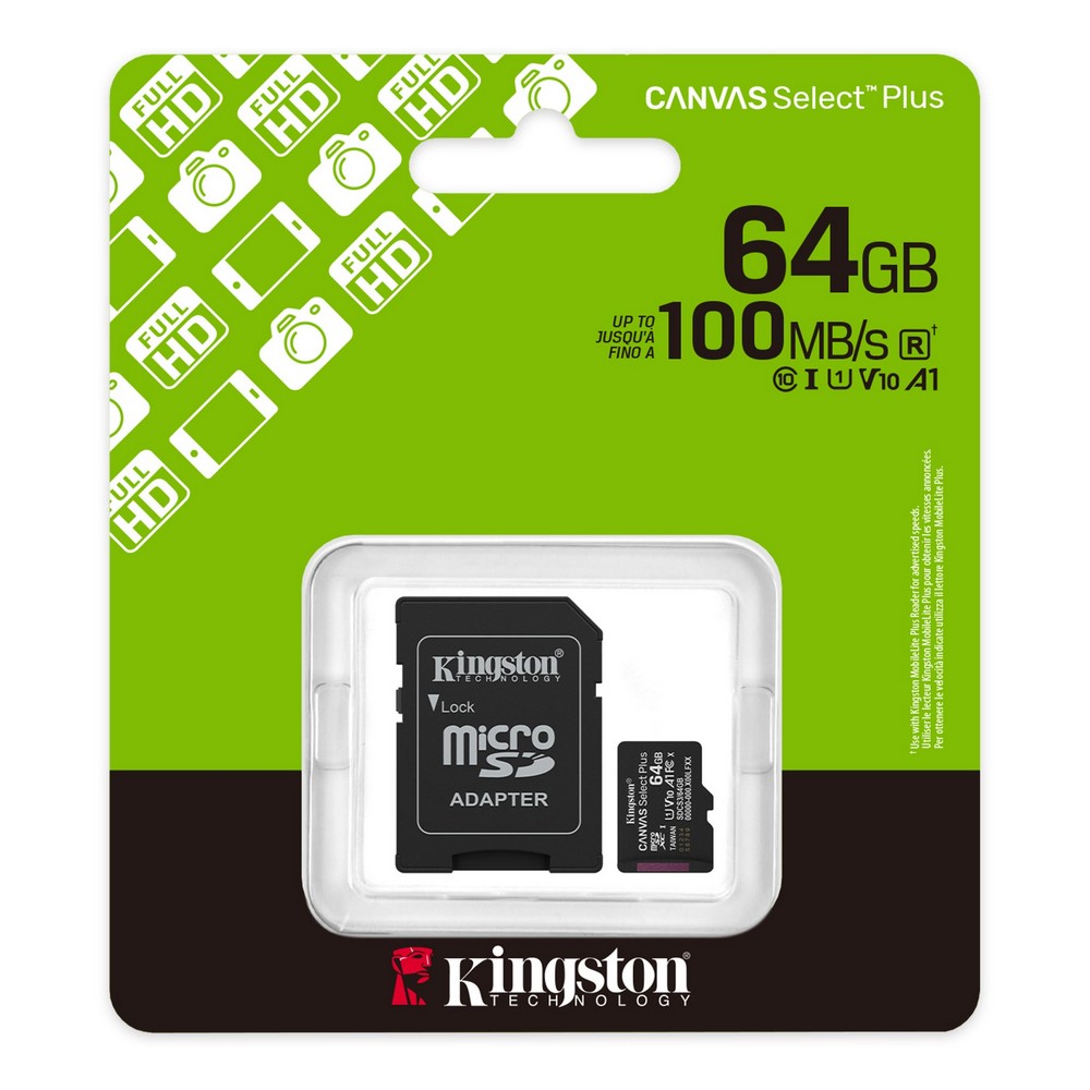 Карта памяти microSDXC Kingston 64GB Canvas Select Plus Class 10 UHS-I + SD-адаптер (SDCS3/64GB)
