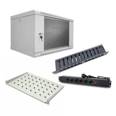 Комплект: Шкаф серверный SteelNet 7U 600 x 400 + Блок розеток 1U 19" + Организатор кабеля + Полка консольная