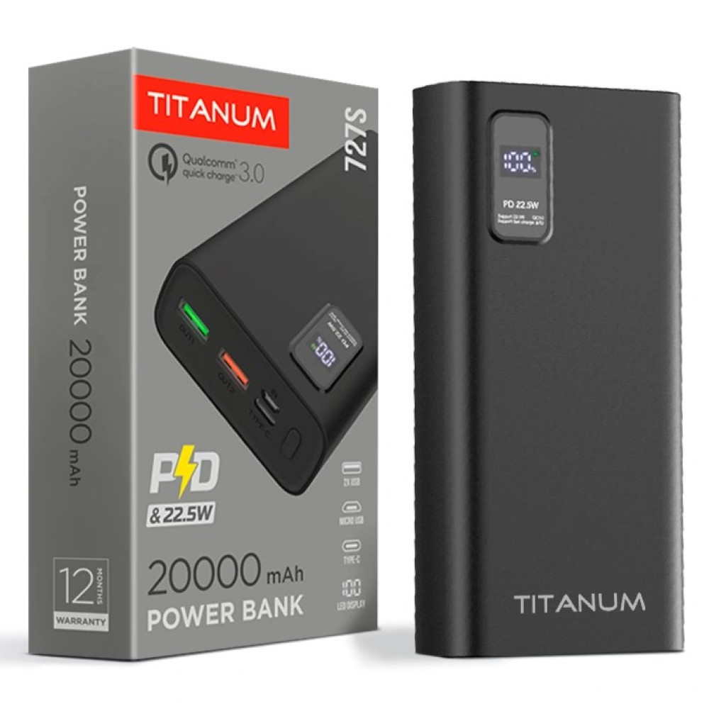 Павербанк Videx TITANUM 727S Black (20 000 мА·ч / 22.5 Вт)