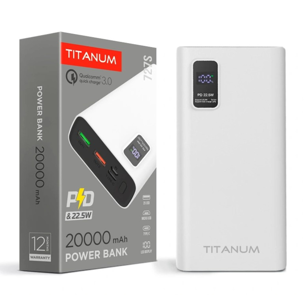 Павербанк Videx TITANUM 727S White (20 000 мА·ч / 22.5 Вт)