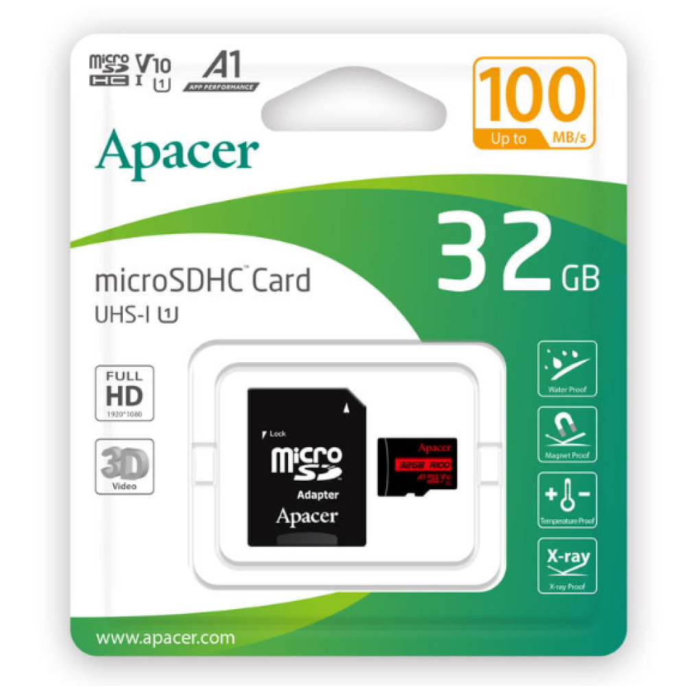 Карта пам`ятi Apacer MicroSDHC 32GB UHS-I Class 10 + SD adapter (AP32GMCSH10UB-R)