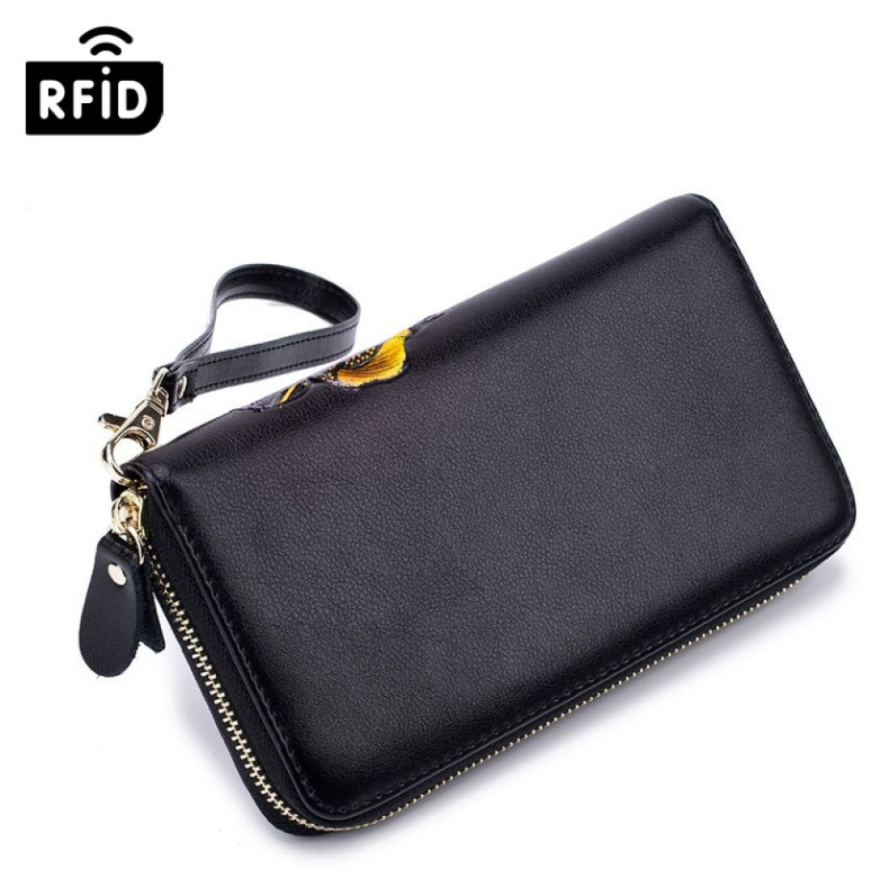 Длинный кожаный кошелек на молнии с цветочным принтом с RFID защитой LOCKER's FPB-Purple