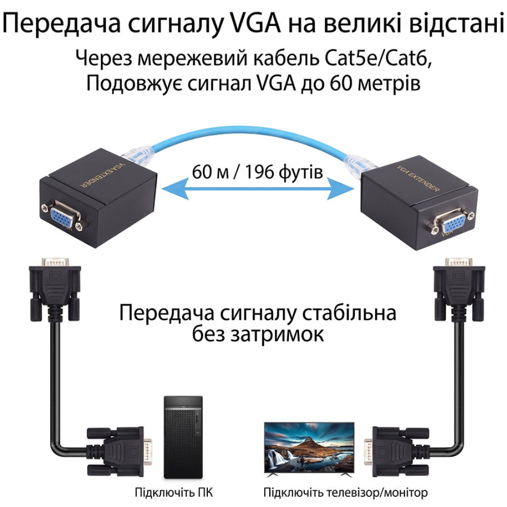 Подовжувач відеосигналу VGA 60m NVC RJ45 to VGA Cat5e Cat6