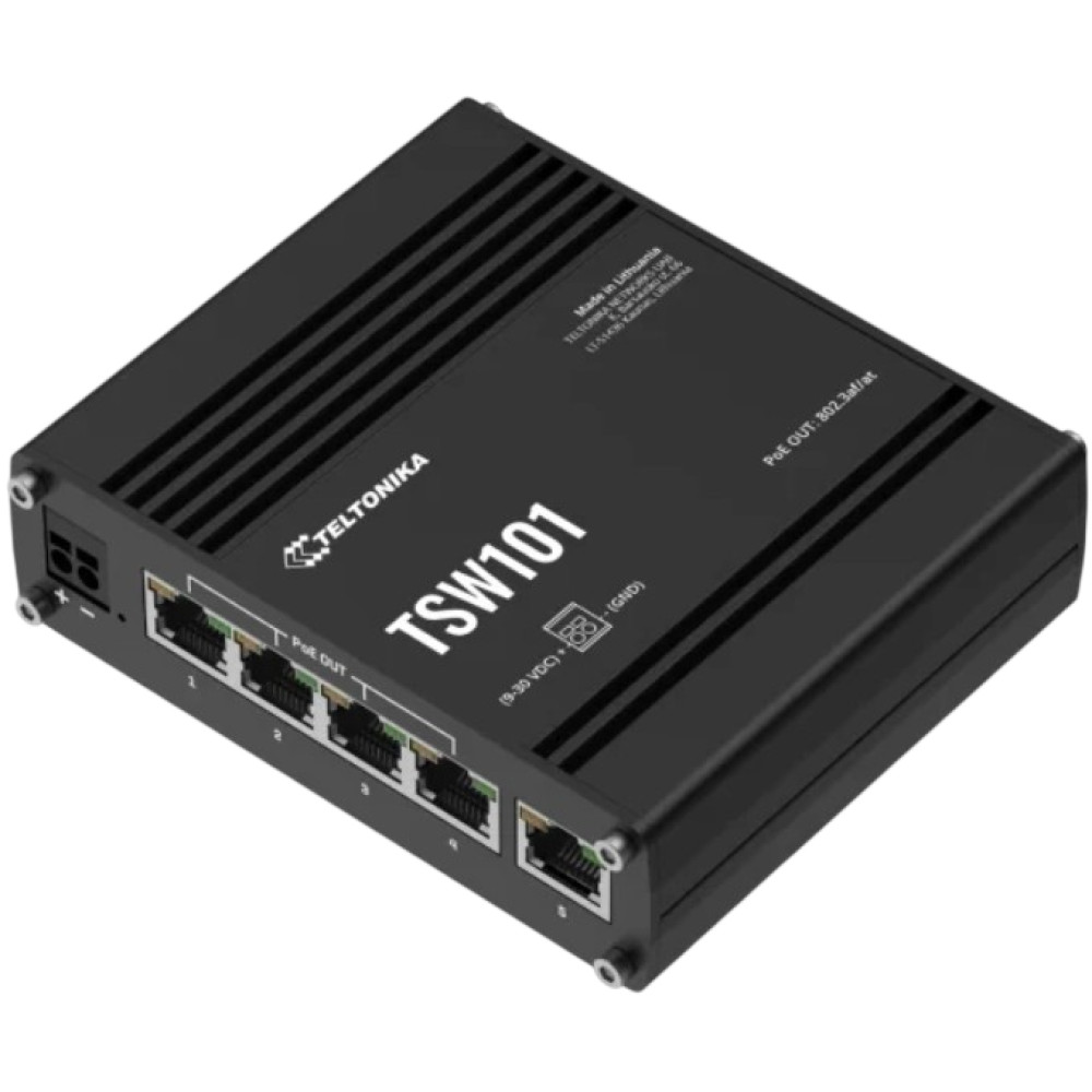 5-портовый коммутатор Teltonika TSW101 POE+ неуправляемый для использования в транспорте