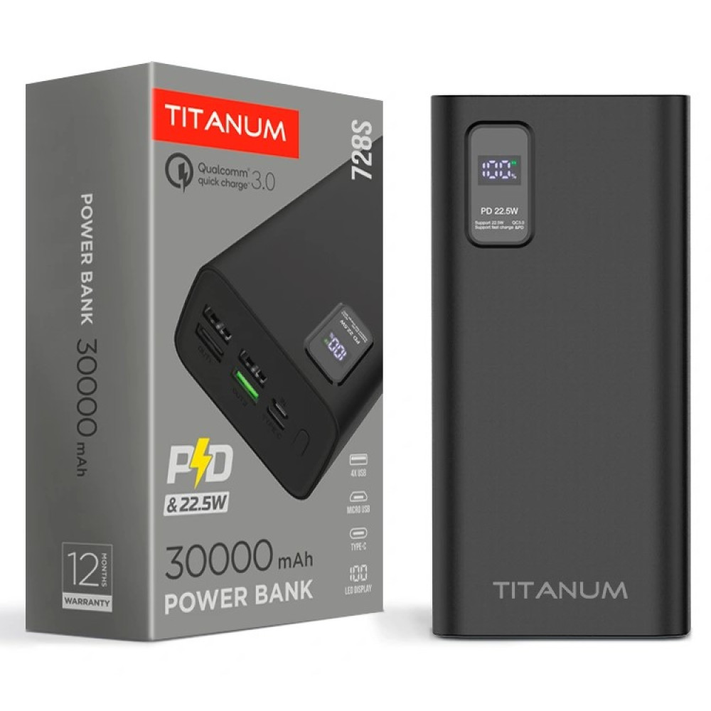 Павербанк Videx TITANUM 728S Black (30000 мА·ч / 22.5 Вт)