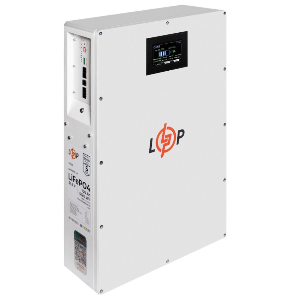Аккумулятор LP LiFePO4 51,2V - 100 Ah (5120Wh) (BMS 100A/50А) LCD Smart RS485/CAN JK металл, настенный