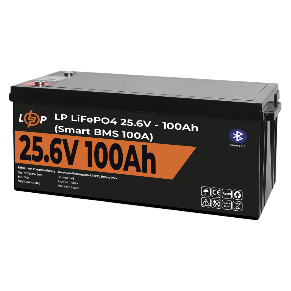 Акумулятор LogicPower LP LiFePO4 24V 25,6V 100Ah 2560Wh Smart BMS 100А з BT пластик