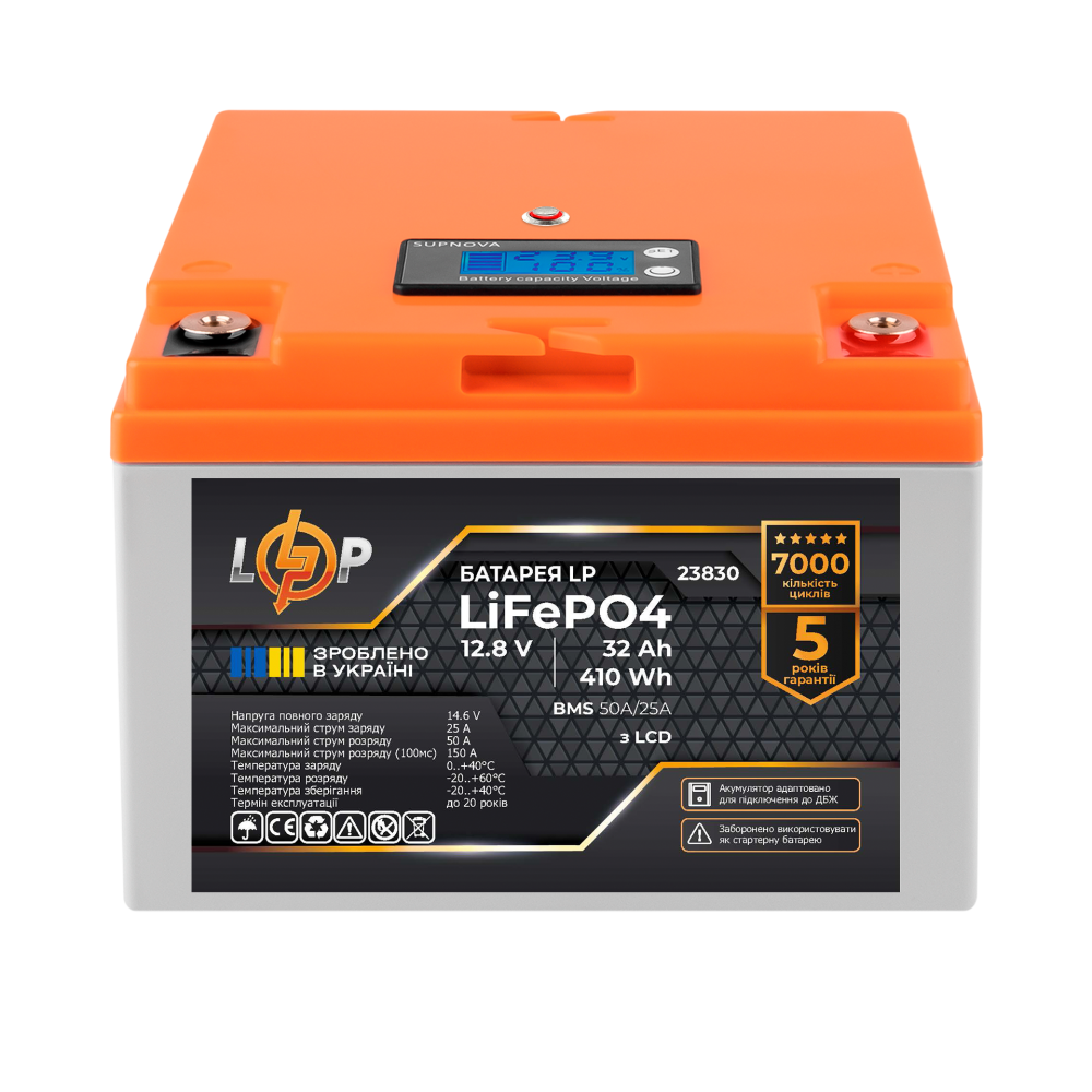 Акумуляторна батарея LogicPower LP 12,8V - 32 Ah LiFePO4 (410Wh) (BMS 50А/25A) пластик LCD для ДБЖ