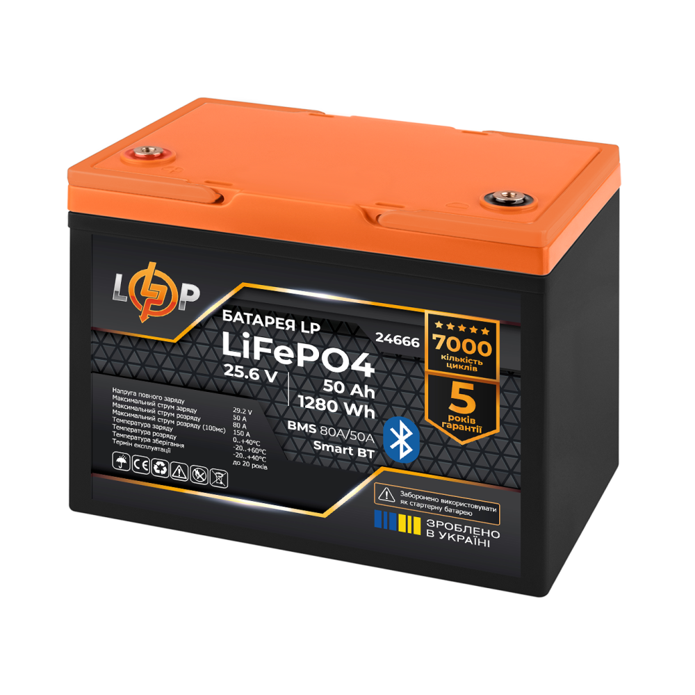 Акумулятор LogicPower LP LiFePO4 25,6V 50Ah 1280Wh BMS 80A/50А пластик Smart BT