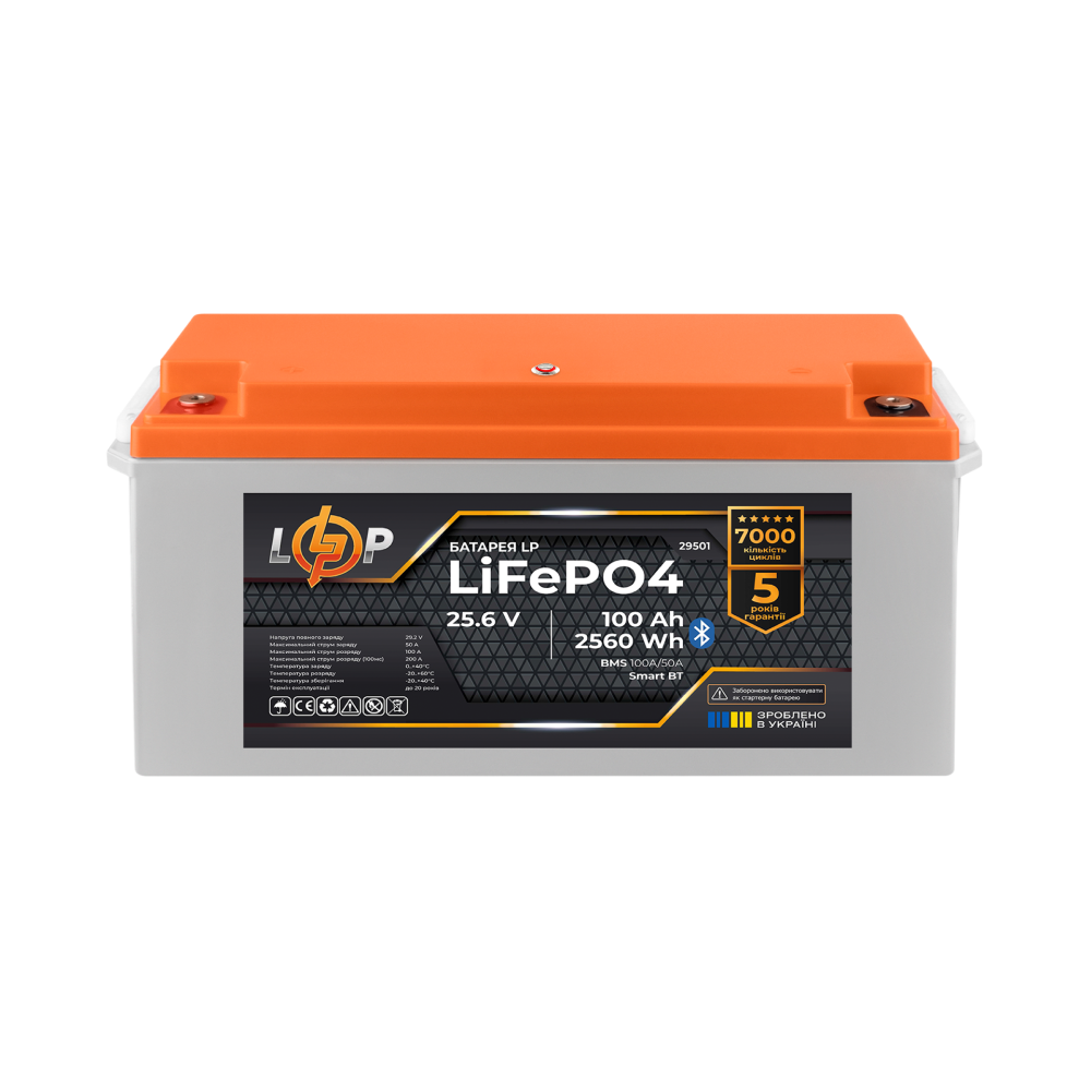Акумулятор LogicPower LP LiFePO4 25,6V 100Ah 2560Wh BMS 100A/50А пластик Smart BT
