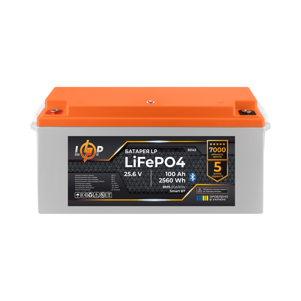 Акумулятор LogicPower LP LiFePO4 25,6V 100Ah 2560Wh BMS 80A/50А пластик Smart BT
