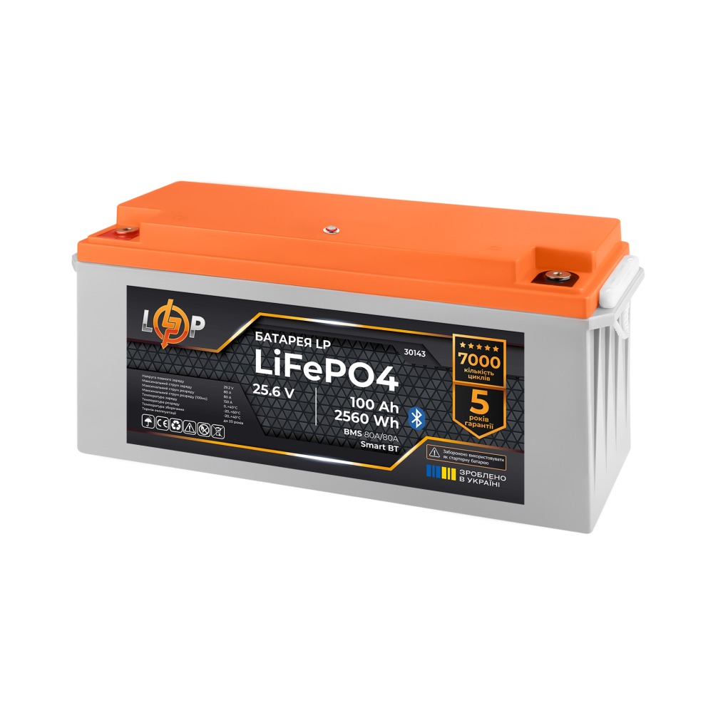 Акумулятор LogicPower LP LiFePO4 25,6V 100Ah 2560Wh BMS 80A/50А пластик Smart BT