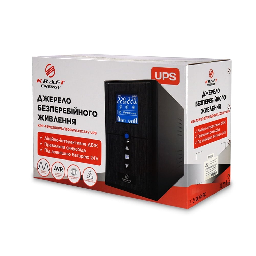Джерело безперебійного живлення Kraft KRF-PSW2000VA/1600W(LCD)24V UPS під зовнішній акумулятор
