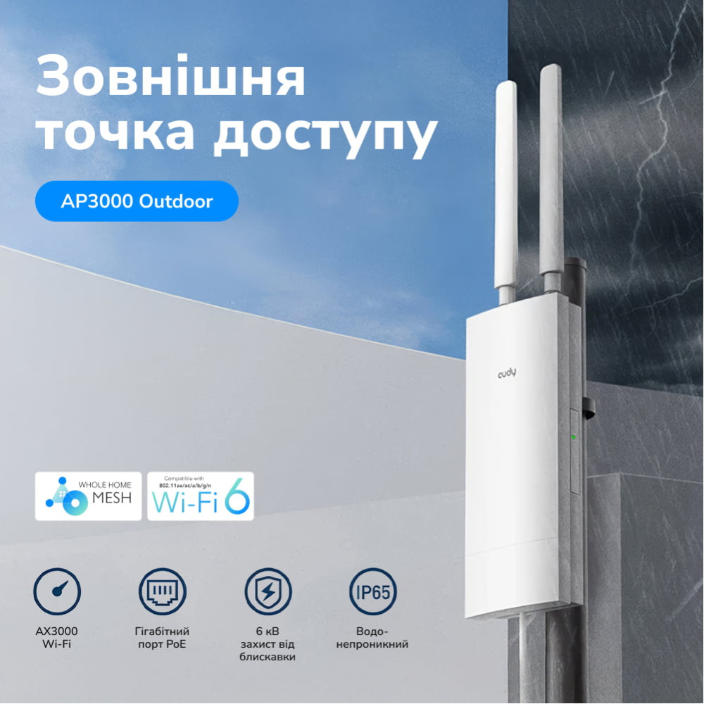 Точка доступа внешняя WiFi 6 2.5G Cudy AP3000 OUTDOOR с поддержкой Mesh двухдиапазонная