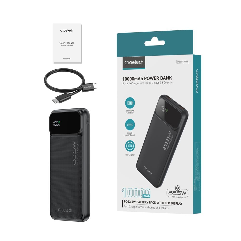 Повербанк Choetech B728 10000 mAh 22.5 W чорний з швидкою зарядкою