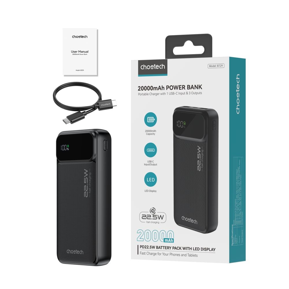 Повербанк Choetech B729 20000 mAh 22.5 W черный с быстрой зарядкой