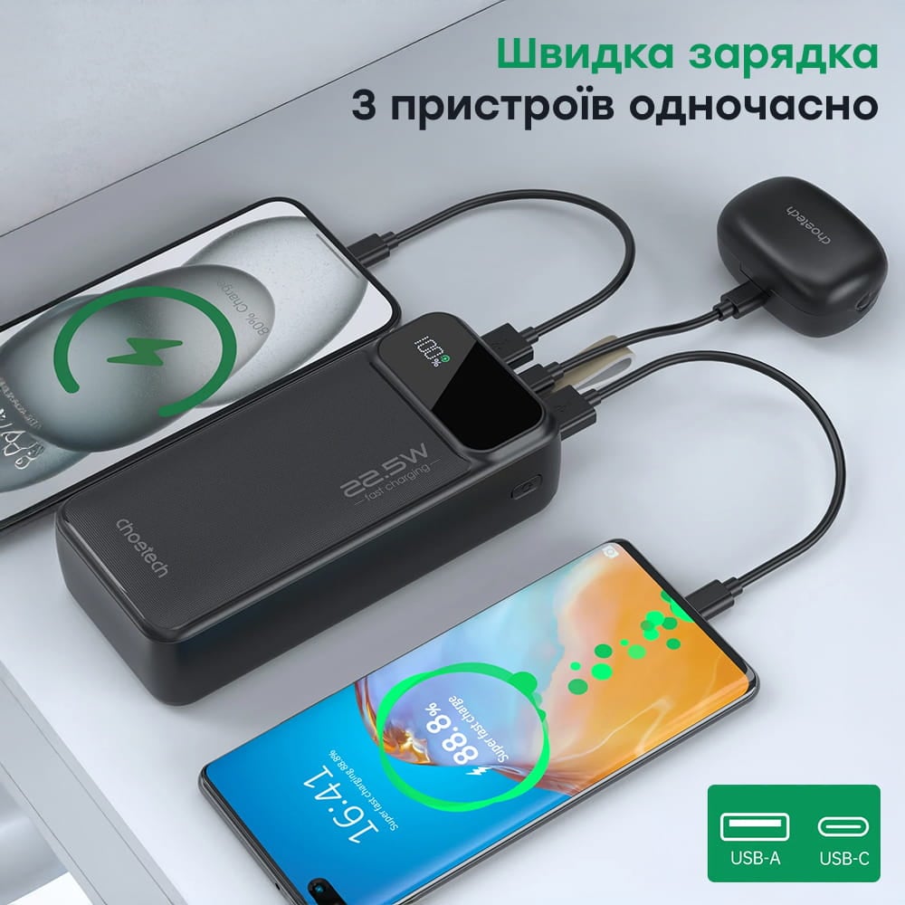 Повербанк Choetech B729 20000 mAh 22.5 W черный с быстрой зарядкой