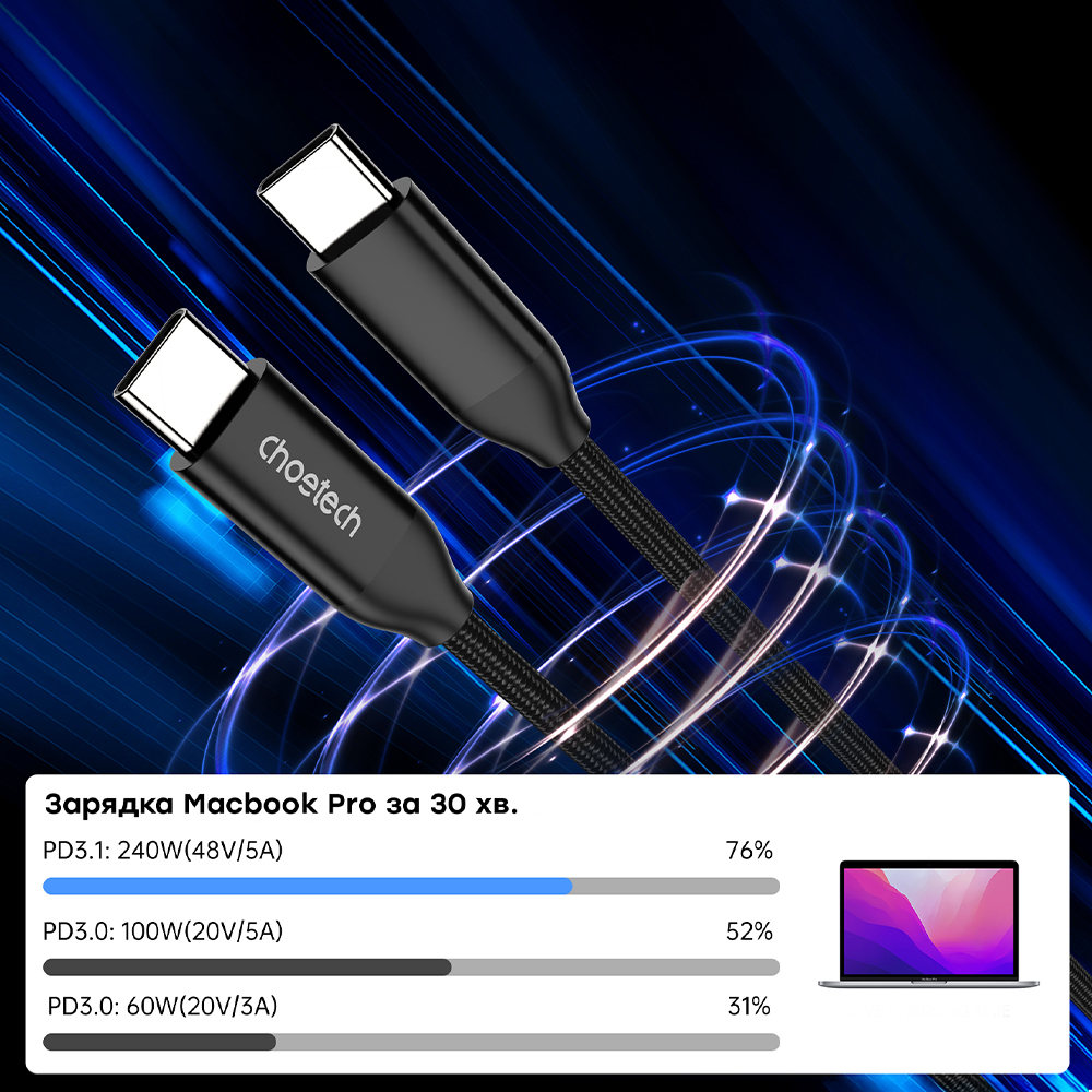 Кабель Choetech ХСС-1035 USB-C to USB-C PD3.1 240 Вт 1 м чорний