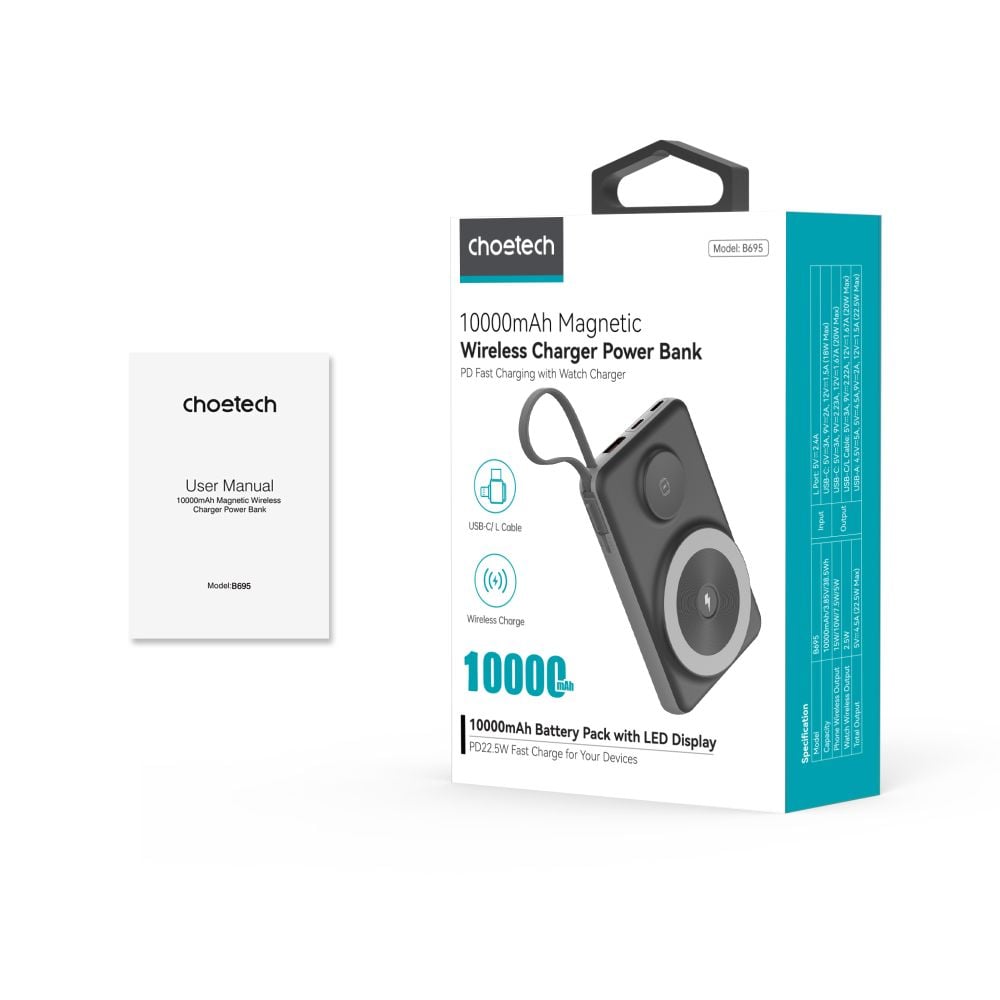 Повербанк Choetech B695 10000 mAh з швидкою та бездротовою зарядкою смартфонів та Apple Watch чорний