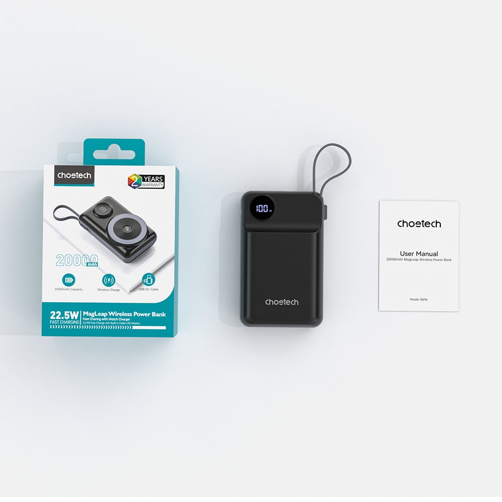 Повербанк Choetech B696 20000 mAh з швидкою та бездротовою зарядкою смартфонів та Apple Watch чорний