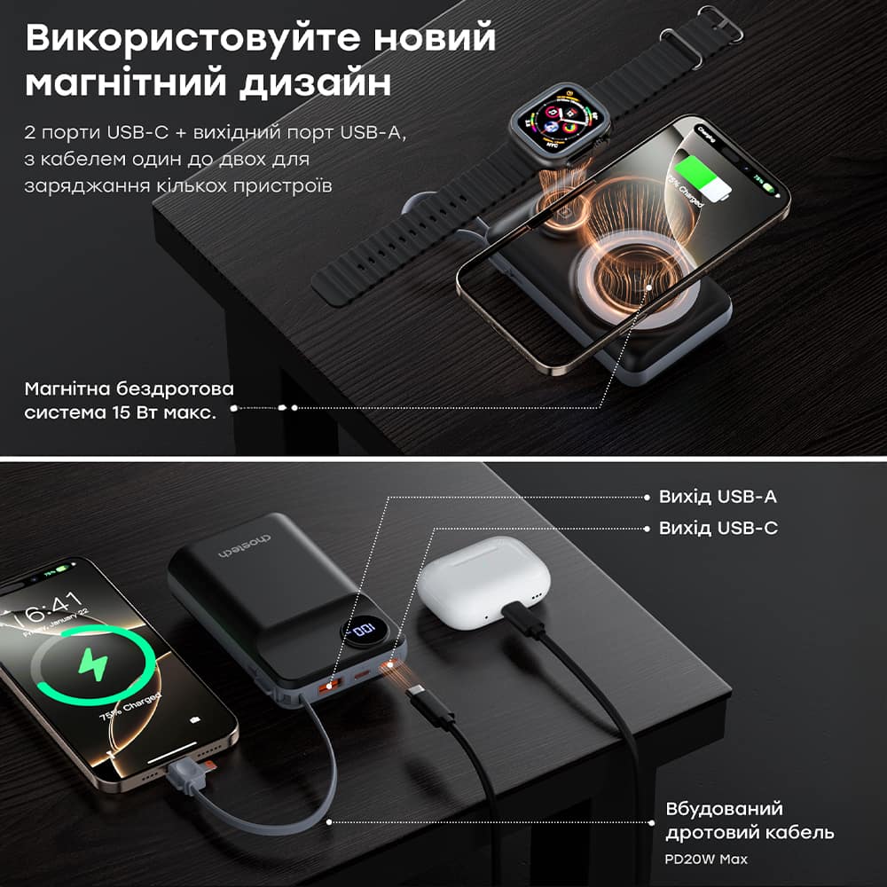 Повербанк Choetech B696 20000 mAh з швидкою та бездротовою зарядкою смартфонів та Apple Watch чорний