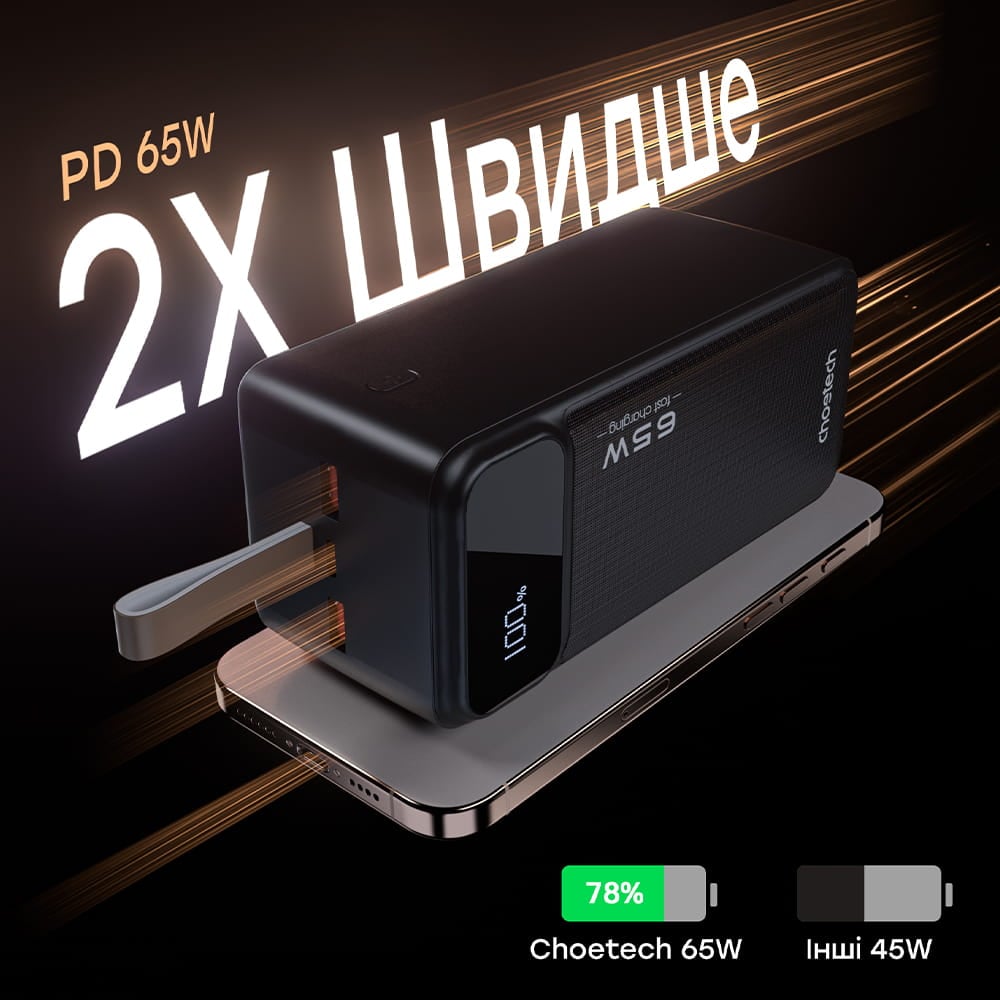 Повербанк Choetech B733 50000 mAh 65 W чорний з швидкою зарядкою