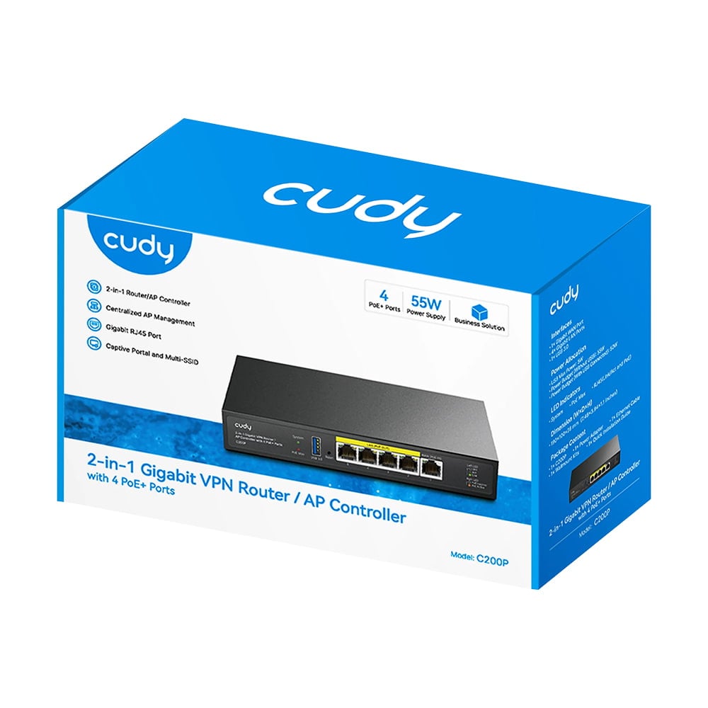 Контролер точок доступу AP / гігабітний VPN-маршрутизатор Cudy C200P з 4 портами PoE+