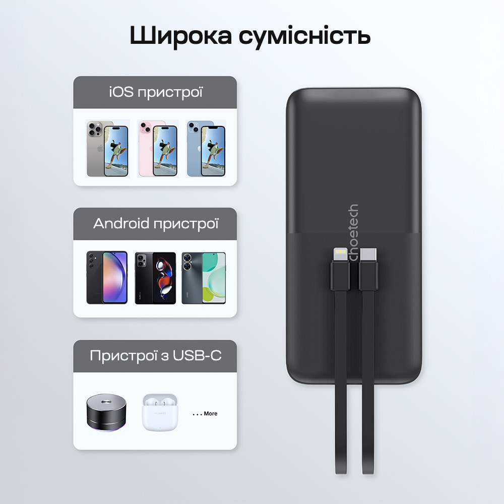 Повербанк Choetech B654 Black 22.5W QC3.0 PD3.0 10000mAh вбудовані кабелі Type-C та Lightning