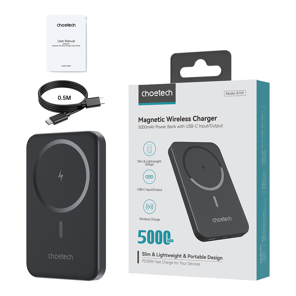 Повербанк Choetech B709 Black PD3.0 5000mAh беспроводная магнитная зарядка