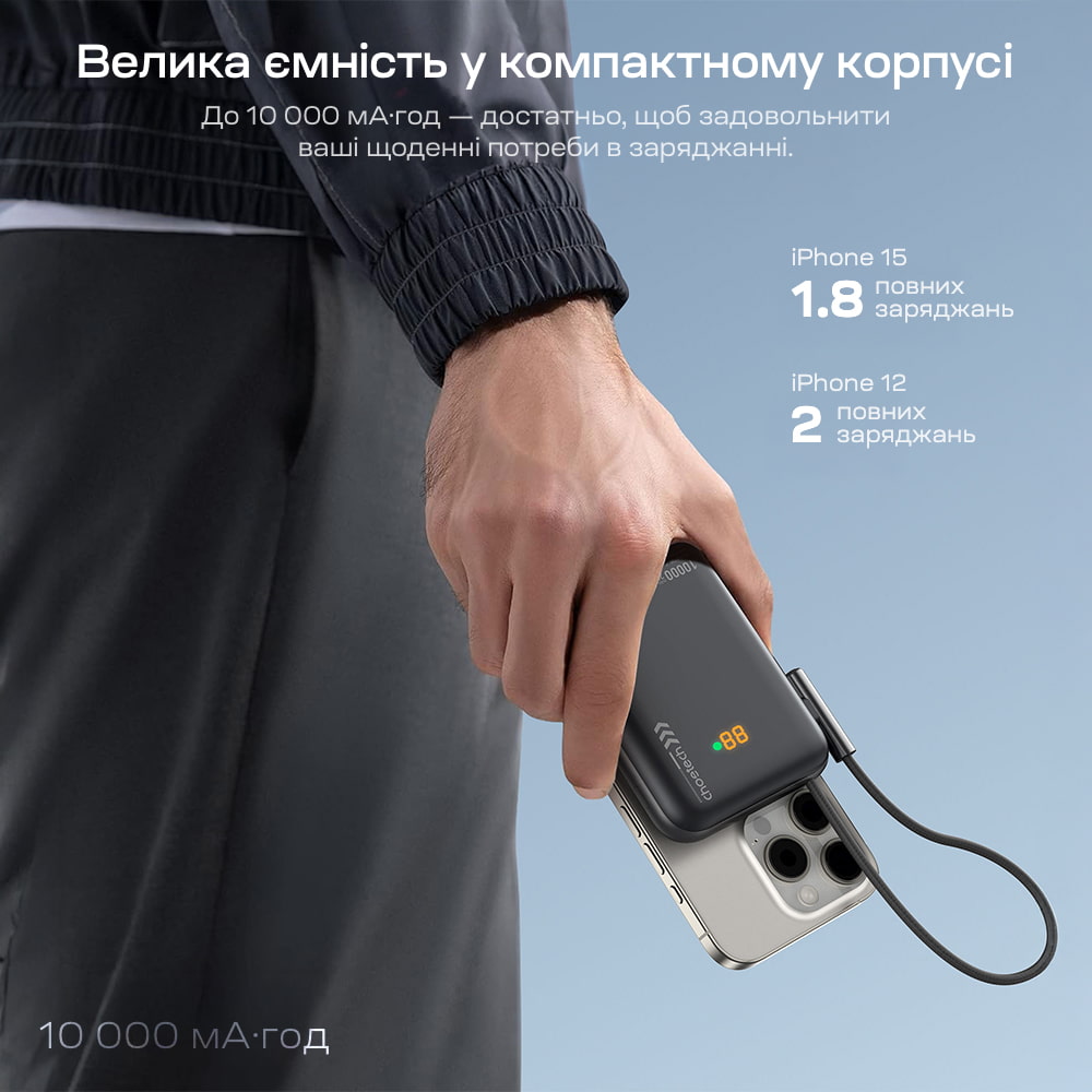 Повербанк Choetech B735 Black QC3.0 PD3.0 10000mAh бездротова магнітна зарядка, вбудований кабель, підставка