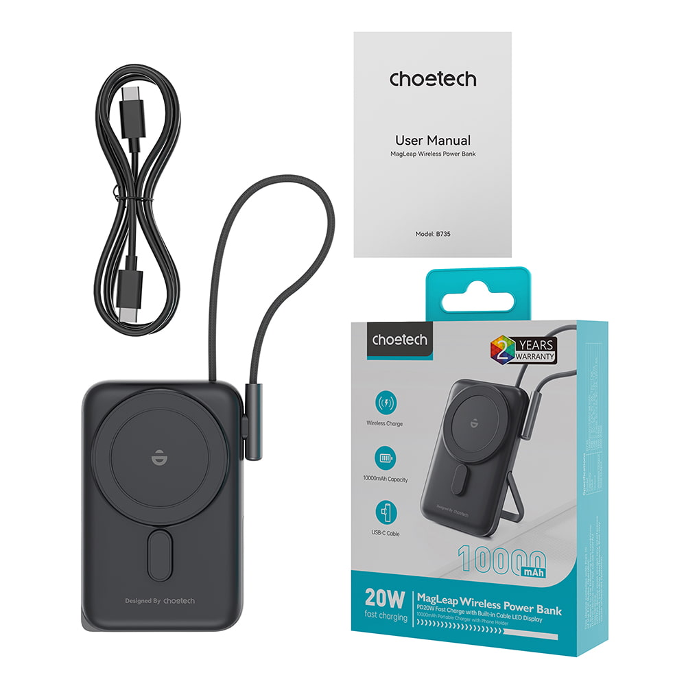 Повербанк Choetech B735 Black QC3.0 PD3.0 10000mAh бездротова магнітна зарядка, вбудований кабель, підставка