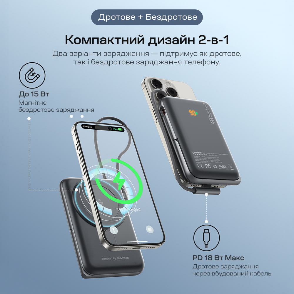 Повербанк Choetech B735 Black QC3.0 PD3.0 10000mAh бездротова магнітна зарядка, вбудований кабель, підставка