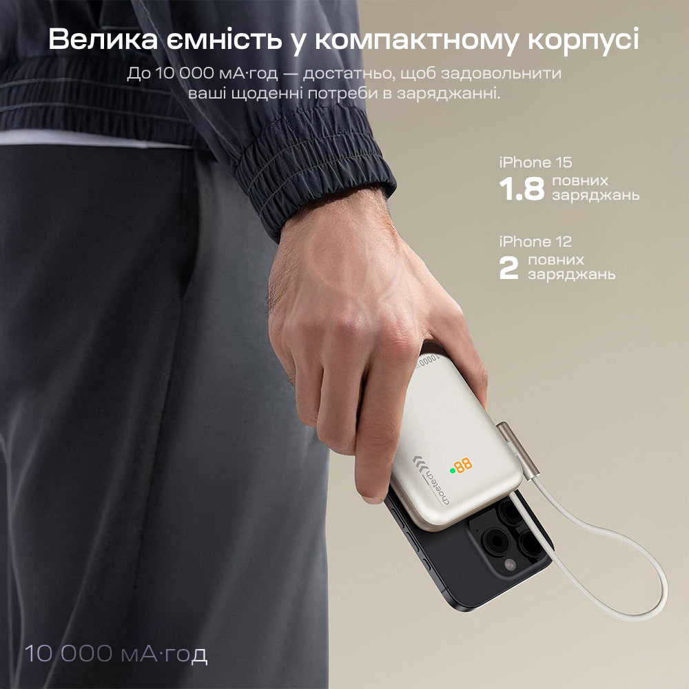 Повербанк Choetech B735 White QC3.0 PD3.0 10000mAh беспроводная магнитная зарядка, встроенный кабель, подставка