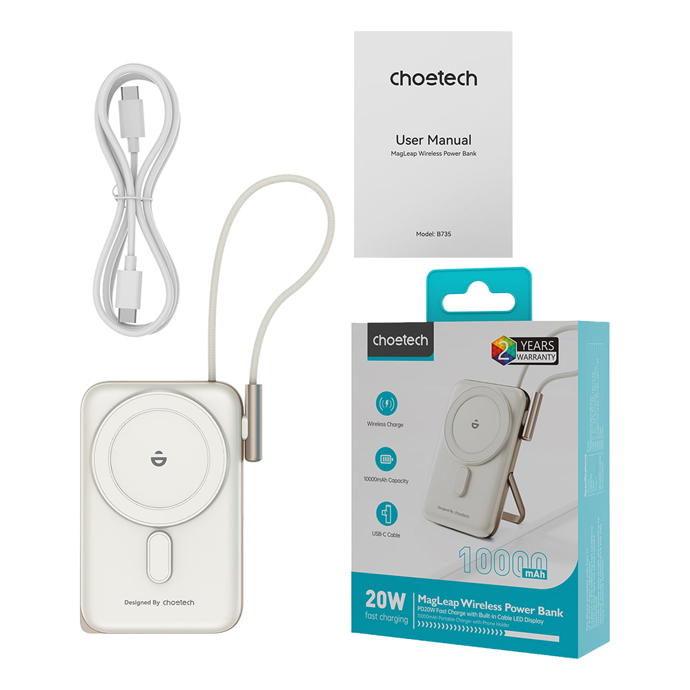 Повербанк Choetech B735 White QC3.0 PD3.0 10000mAh беспроводная магнитная зарядка, встроенный кабель, подставка