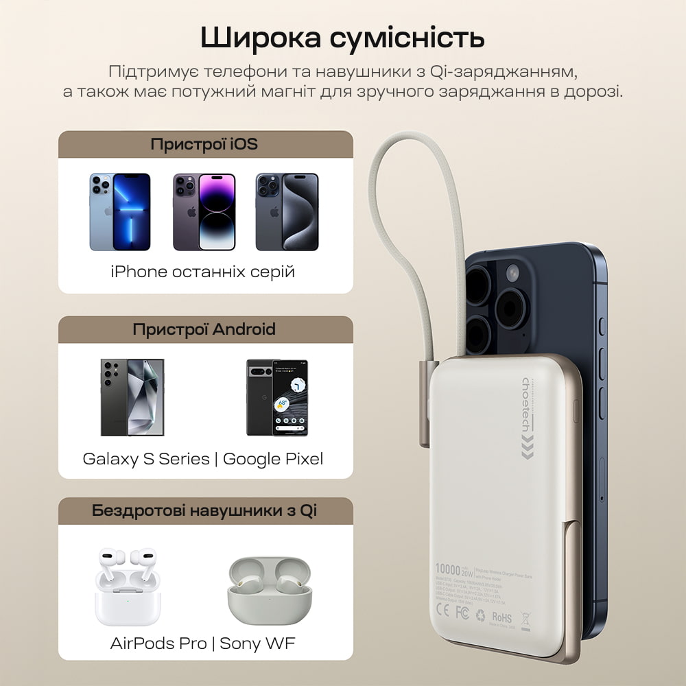 Повербанк Choetech B735 White QC3.0 PD3.0 10000mAh беспроводная магнитная зарядка, встроенный кабель, подставка