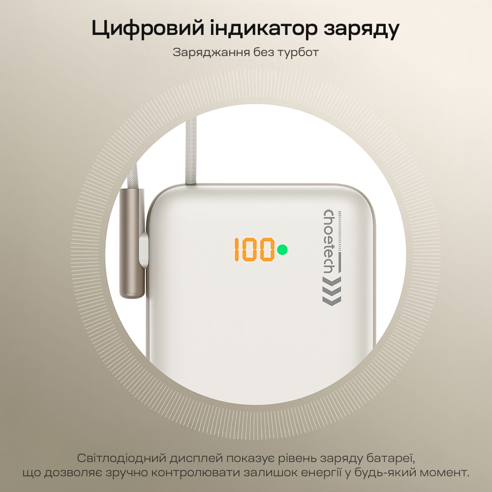 Повербанк Choetech B735 White QC3.0 PD3.0 10000mAh беспроводная магнитная зарядка, встроенный кабель, подставка