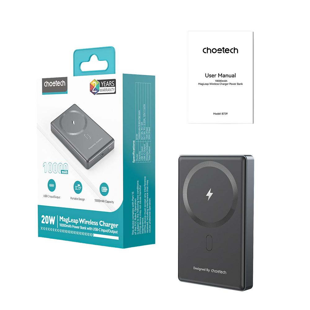 Повербанк Choetech B739 Black QC3.0 PD3.0 10000mAh беспроводная магнитная зарядка