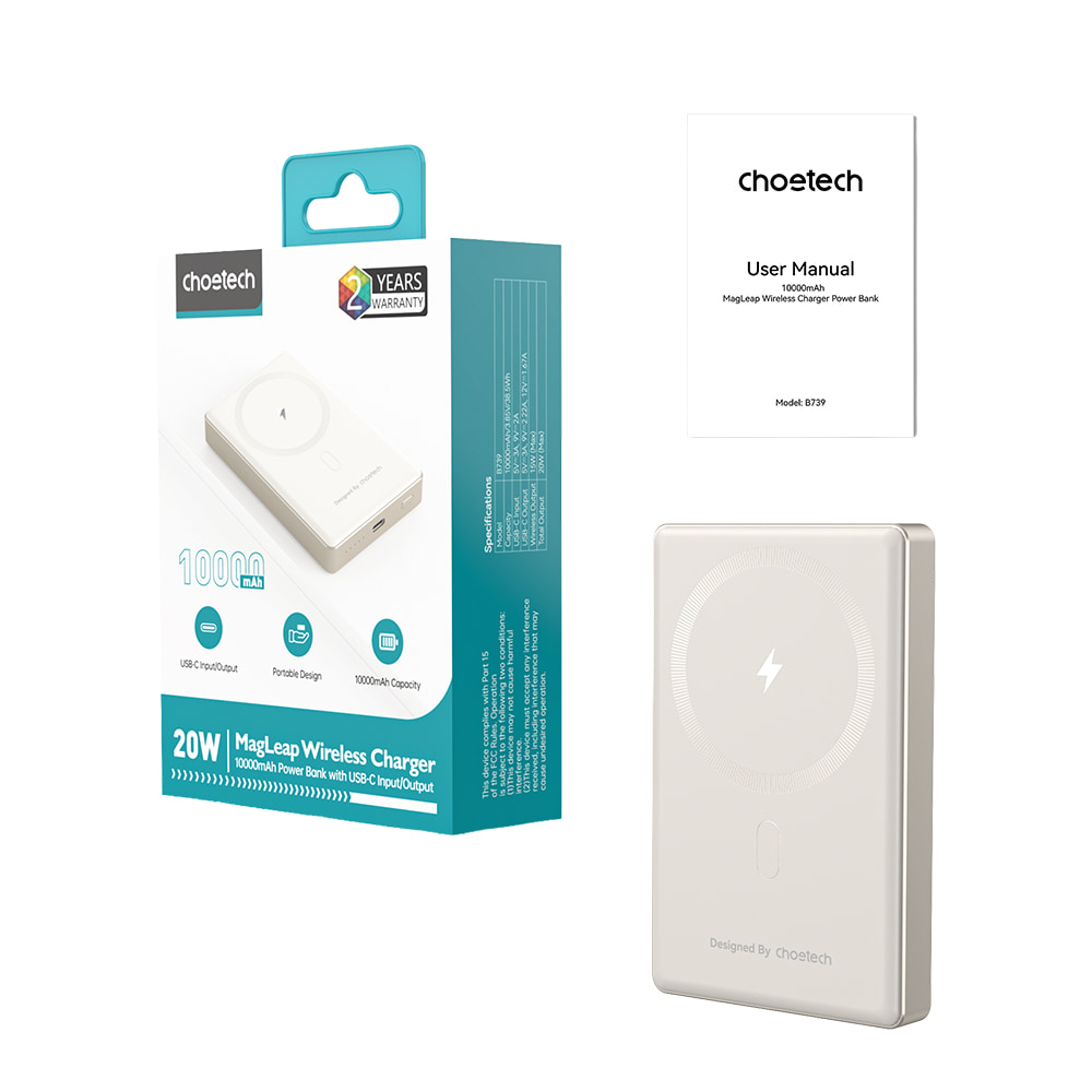 Повербанк Choetech B739 Silver QC3.0 PD3.0 10000mAh бездротова магнітна зарядка