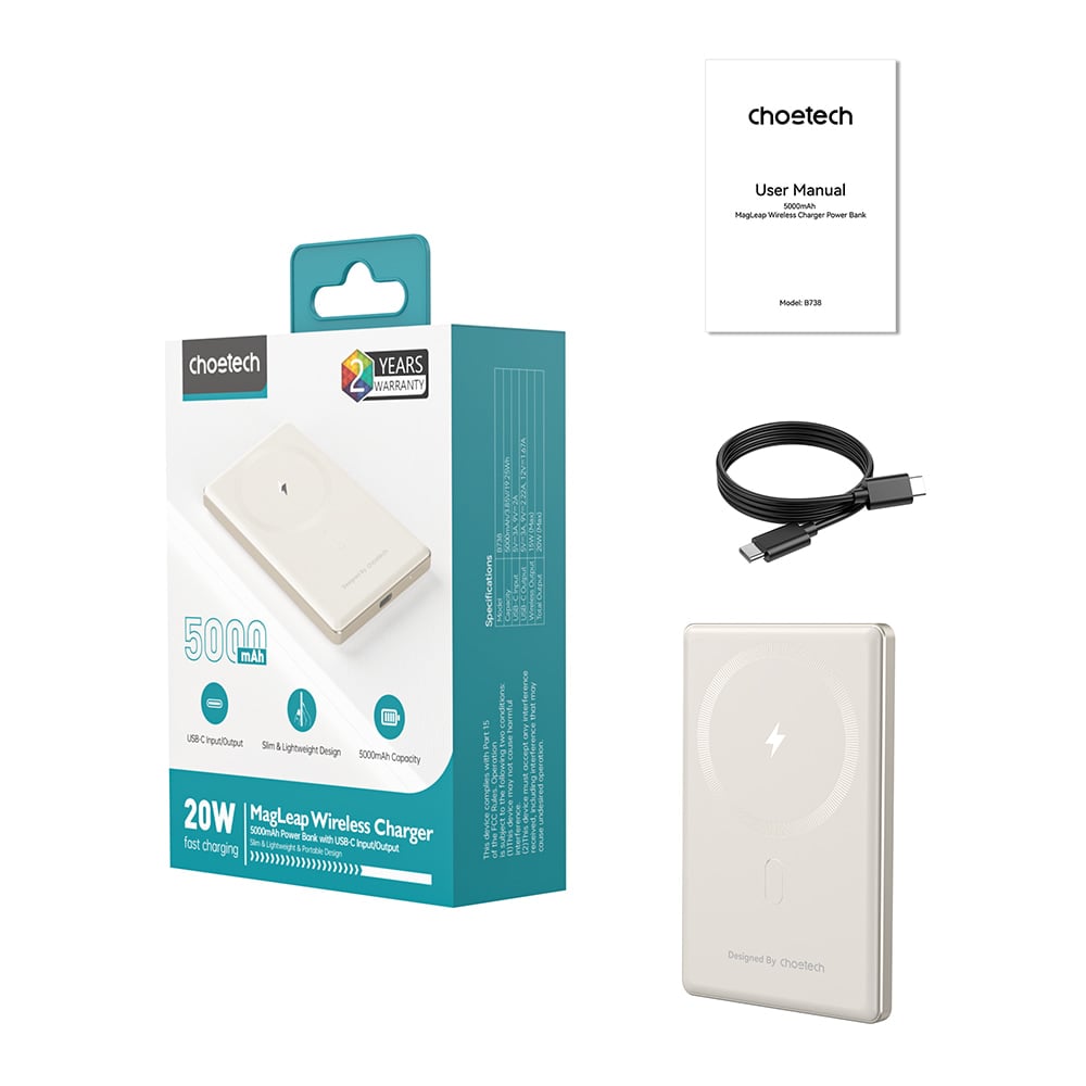 Павербанк Choetech B738 White QC3.0 PD3.0 5000 mAh, бездротова магнітна зарядка