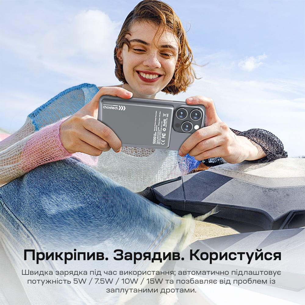 Павербанк Choetech B738 Black QC3.0 PD3.0 5000 mAh, бездротова магнітна зарядка