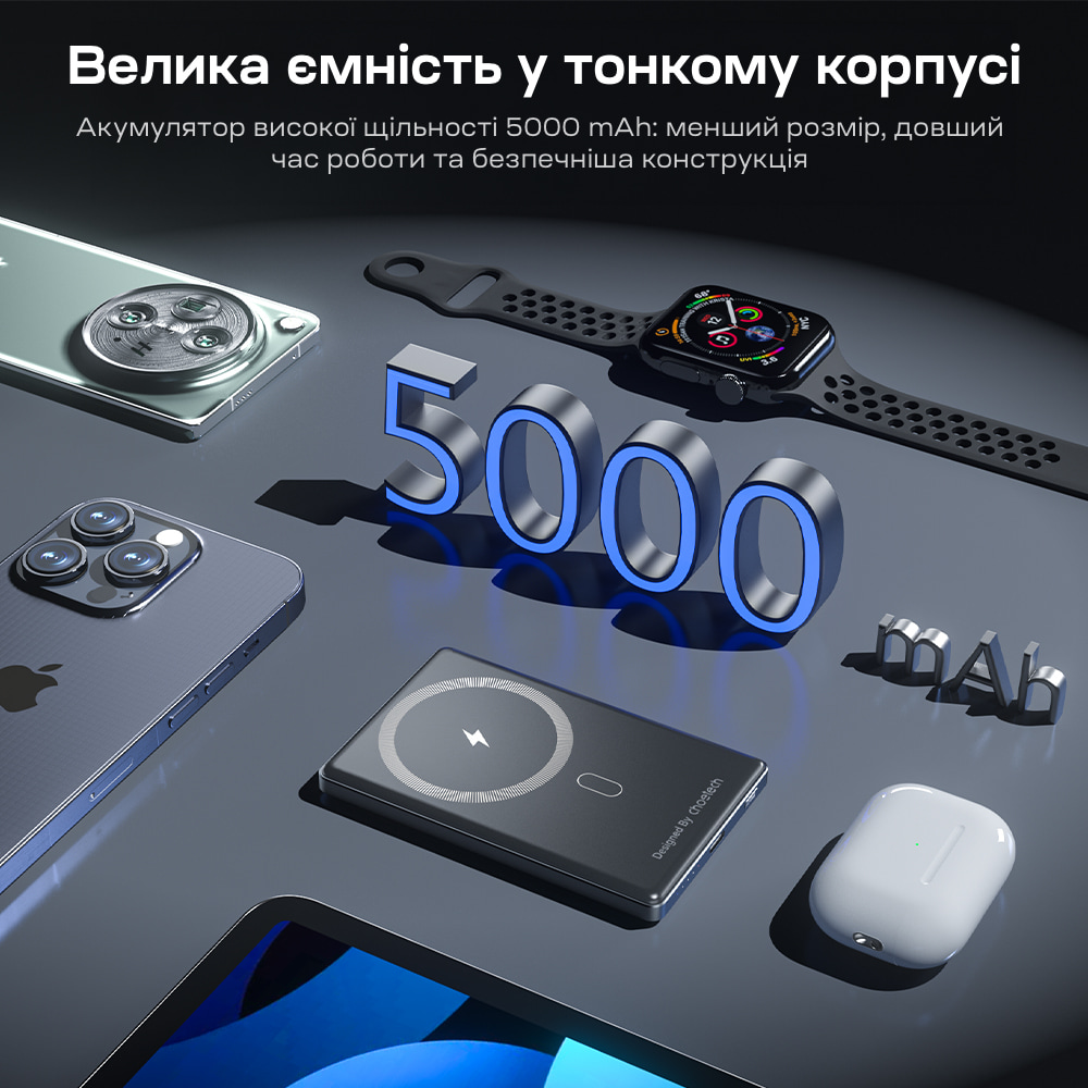Павербанк Choetech B738 Black QC3.0 PD3.0 5000 mAh, бездротова магнітна зарядка