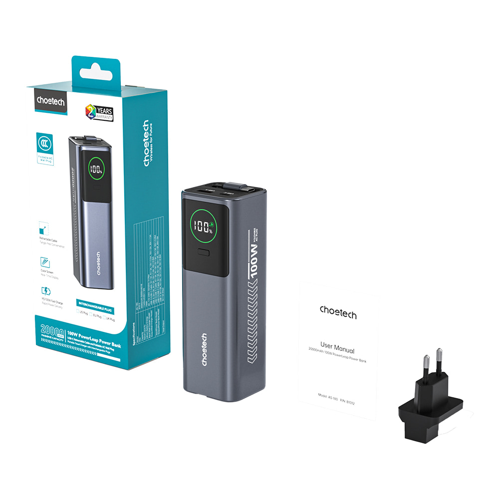 Повербанк Choetech B1012 20000 mAh 100 W Grey с EU адаптером и встроенным кабелем
