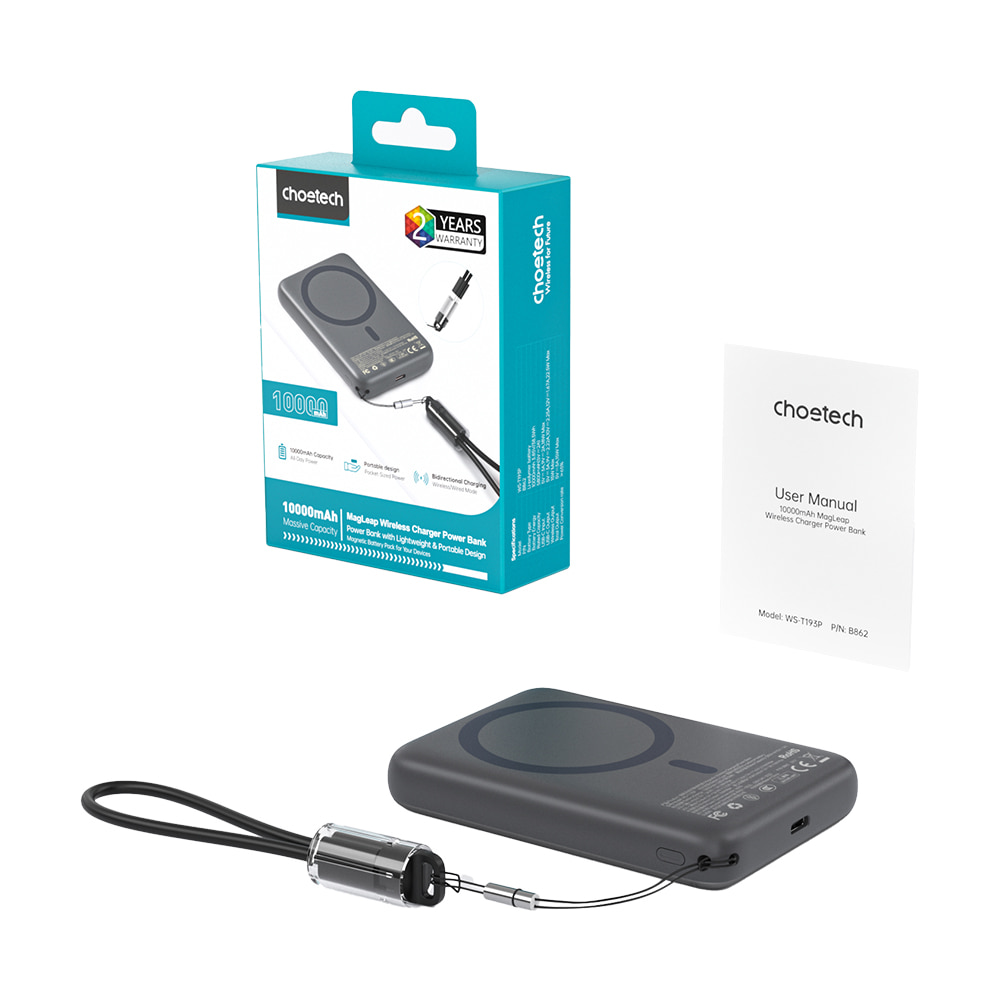 Повербанк Choetech B862 10000 mAh 22.5 W Grey QC3.0 PD3.0 с беспроводной магнитной зарядкой MagSafe