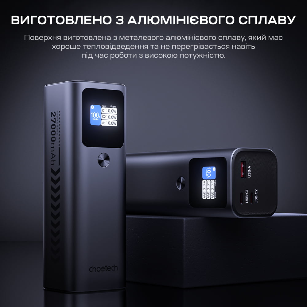 Повербанк Choetech B670 27000 mAh 140 W Grey QC3.0 PD3.1 з дисплеєм